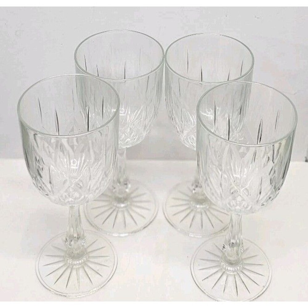 Vtg Anchor‎ Hocking Wine Glasses w/Claret Cut Stem, faceted Diamond - Set of 4